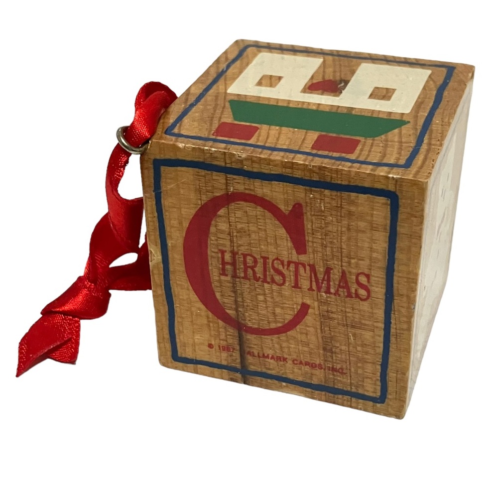 Hallmark 1987 Merry Christmas Wooden Block Christmas Ornament